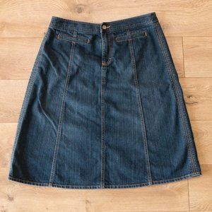 Knee-length dark denim A-line skirt, size 8